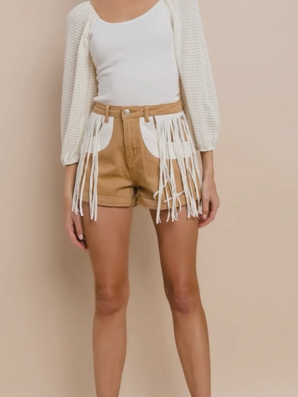 Tan High-Rise Jean Shorts with White Fringe Pocket Detail